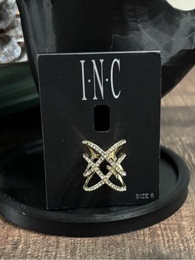 INC International Concepts GoldTone Crystal Crisscross Ring